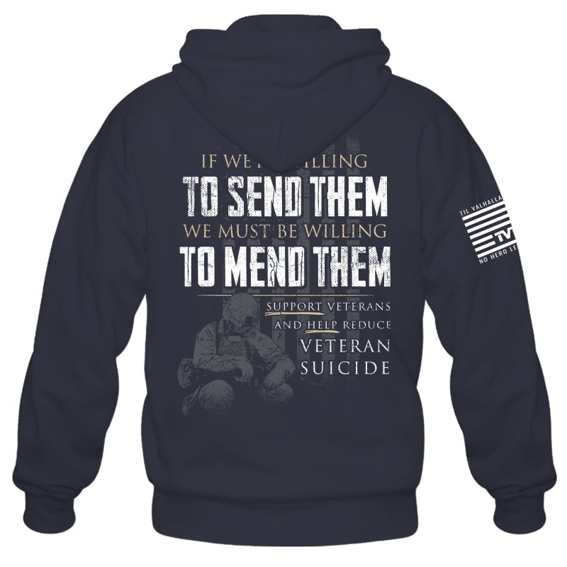 We Must Mend Them Navy Hoodie Mens Back Mock